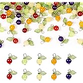 Beadthoven 50pcs Crystal Fruit Charms Natural Gemstone Pendants Mixed Color Orange With Acrylic Leaf Dangle Beads for Jewelry Making Necklaces Earrings Bracelets DIY Crafts Supplies