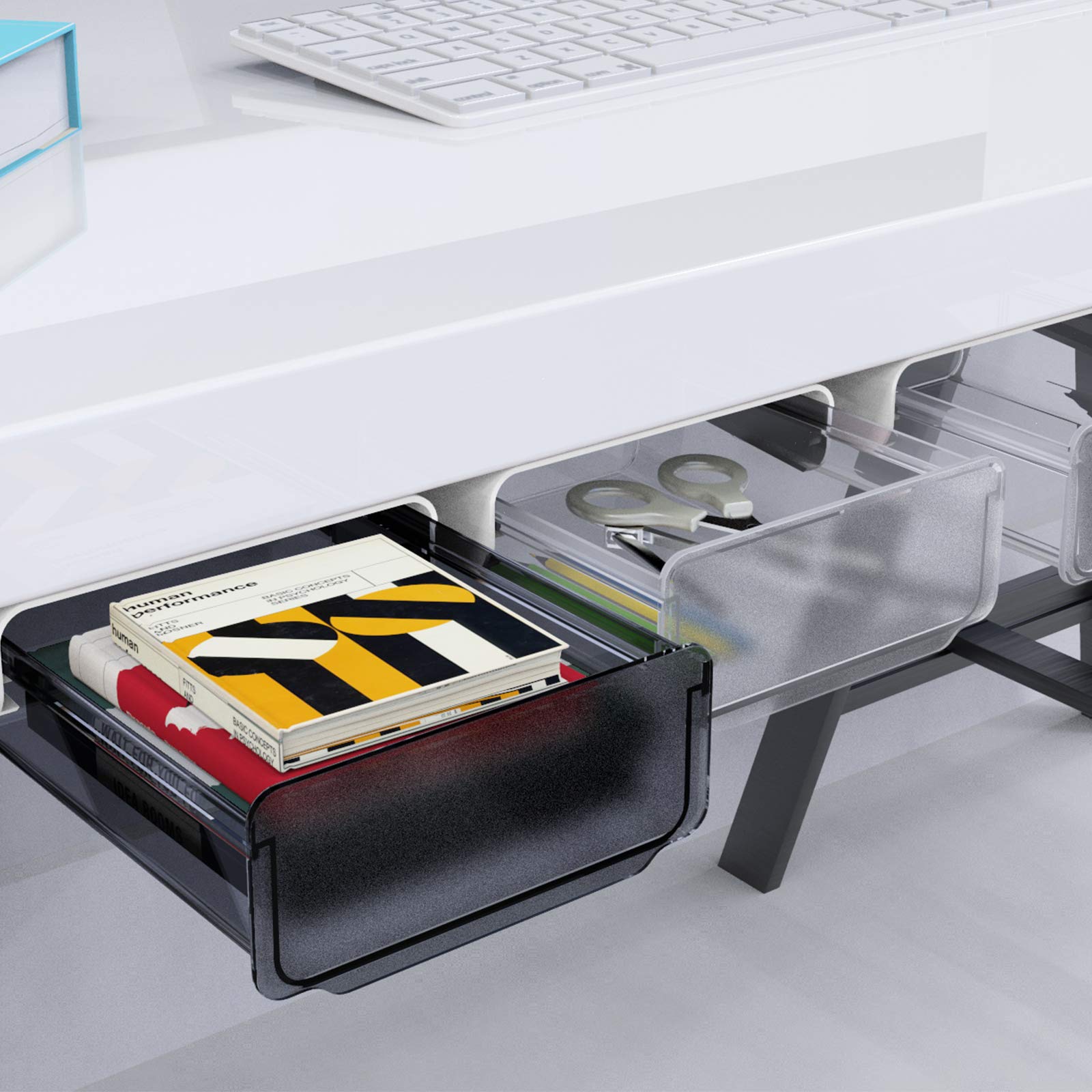 Fealkira Desk Drawer, Under Desk Drawer for Office/Bedroom/Schoolroom/Kitchen, Self-Adhesive Under Desk Storage for iPad/Phone/Pens/Pencils/Keys/Cutlery(Black transparent)