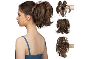 CJL HAIR Claw Clip Short Ponytail Hair Extensions Bendable Metals Messy Bun Hair piece Wavy Curly Fake Hairpieces (Dark Brown/Golden Blonde, Straight,8inch)