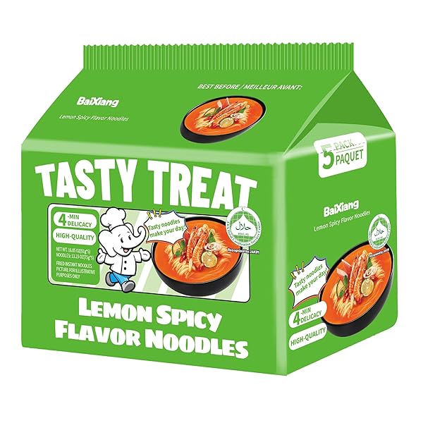 BAIXIANG LEMON SPICY FLAVOR RAMEN, LEMON SPICY FLAVOR INSTANT NOODLE,BONE BROTH SIMMERED, TASTY TREAT SERIES, PACK OF 5