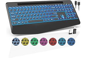 TRUEQUE Wireless Keyboard with 7 Colored Backlits, Wrist Rest, Phone Holder, Rechargeable Ergonomic Computer Keyboard with Silent Keys, Full Size Lighted Keyboard for Windows, MacBook, PC, Laptop (Black)
