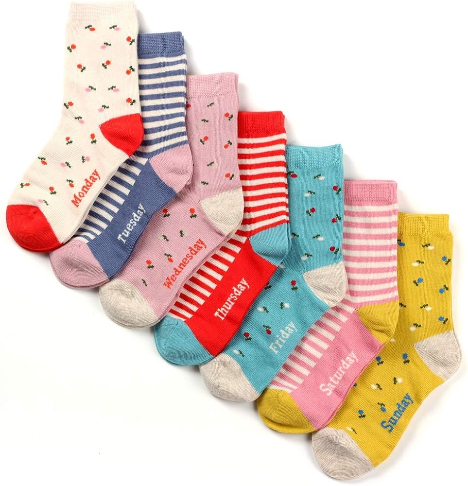 COTTON DAY 7 Days of the Week Girls Cotton Crew Socks Gift Box Set