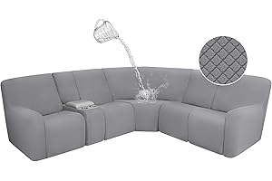 ALIECOM 100% Waterproof Sectional Recliner Couch Covers L Shape Sofa Cover Stretch 7-Piece Corner Couch Cover for Reclining Sectional Slipcover Furniture Protector (5 Seat and 1 Console, Light Gray)