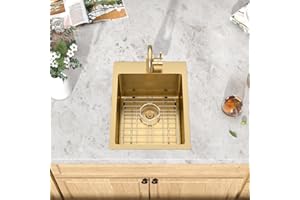 Talllor Gold Bar Sink - 15 Inch Drop In Bar Sink 16 Gauge Stainless Steel Small Wet Prep Sinks Single Bowl Topmount Camper Over Counter RV Kitchen Sinks with Faucet #TLT-0031