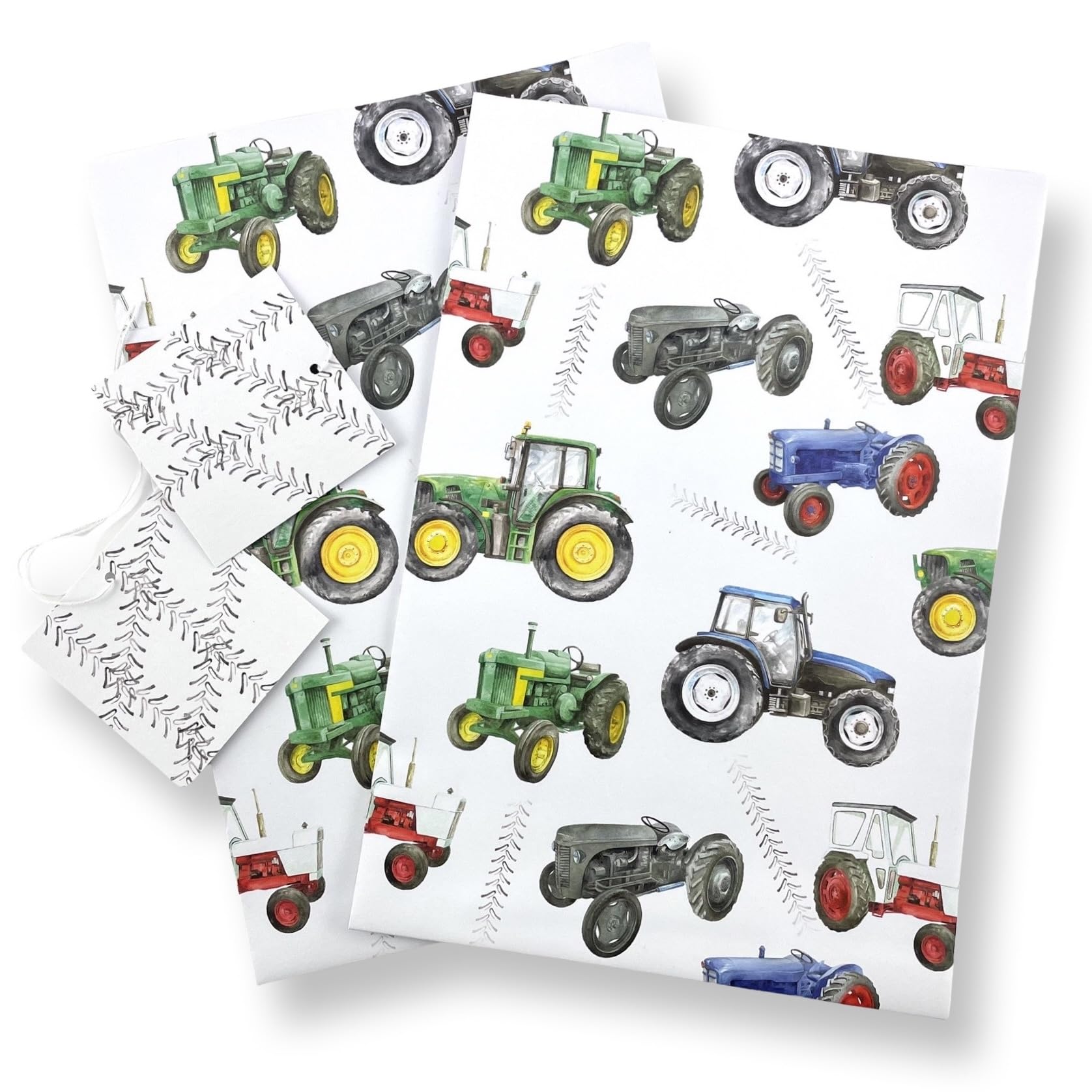 Tractor Recycled and Recyclable Gift Wrapping Paper - Vintage and Modern Tractors - 2 Sheets and 2 Tyre Track Gift Tags - Birthday Wrapping - Christmas - Father's Day