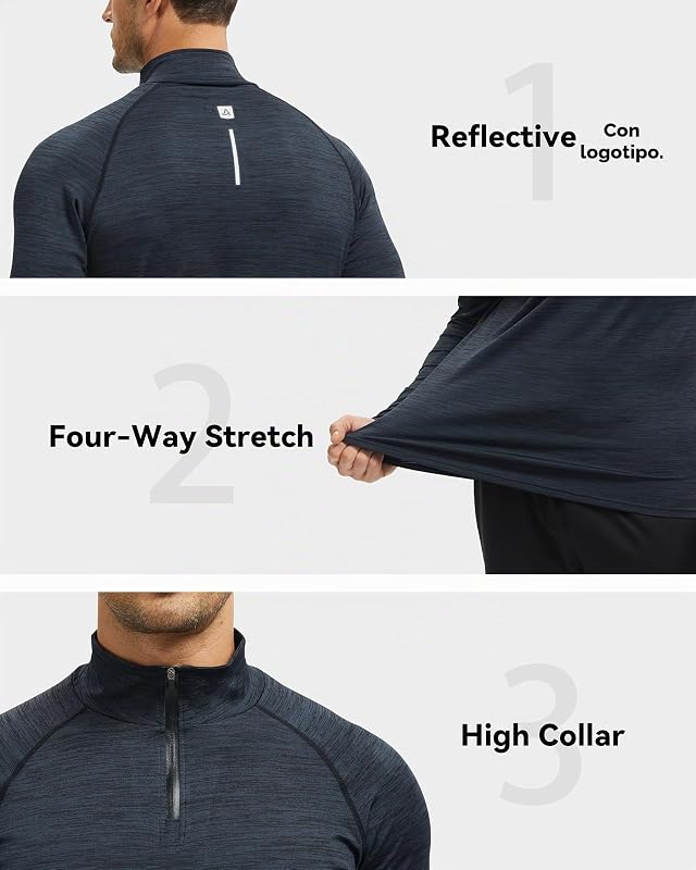 Camiseta de Manga Larga para Hombre con Media Cremallera y Cuello Alto, Sudadera para Correr, Hacer Senderismo, Gym, Casual, Negro Azul, XXL — foto 4 de 6