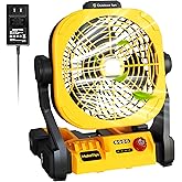 Battery Operated Fan for DeWalt 20V Max Battery (Not Included) – High Airflow Portable Cordless Camping & Jobsite Fan with 4 Speeds, AC Adapter, LED Lights & Hanging Hook for Outdoor Use
