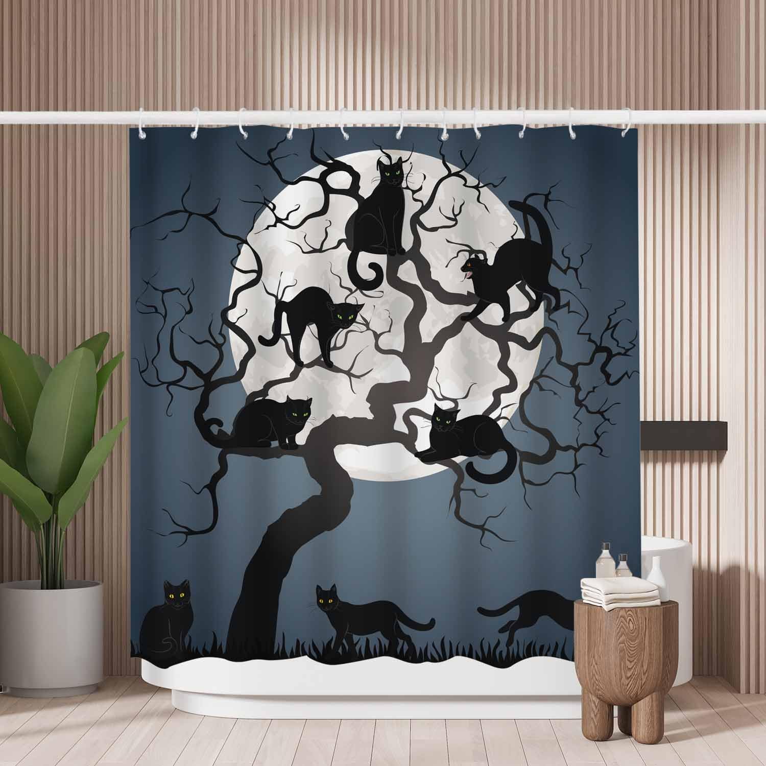 Woutay Shower Curtain Mould Proof Resistant Black Cats on Tree,Water Repellant Fabric,Polyester,with 12 Plastic Hooks