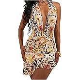 Floerns Women's Cheetah Floral Deep V Neck Sleeveless Halter Mini Dress Asymmetrical Ruffle Flowy Party Club Bodycon Dresses
