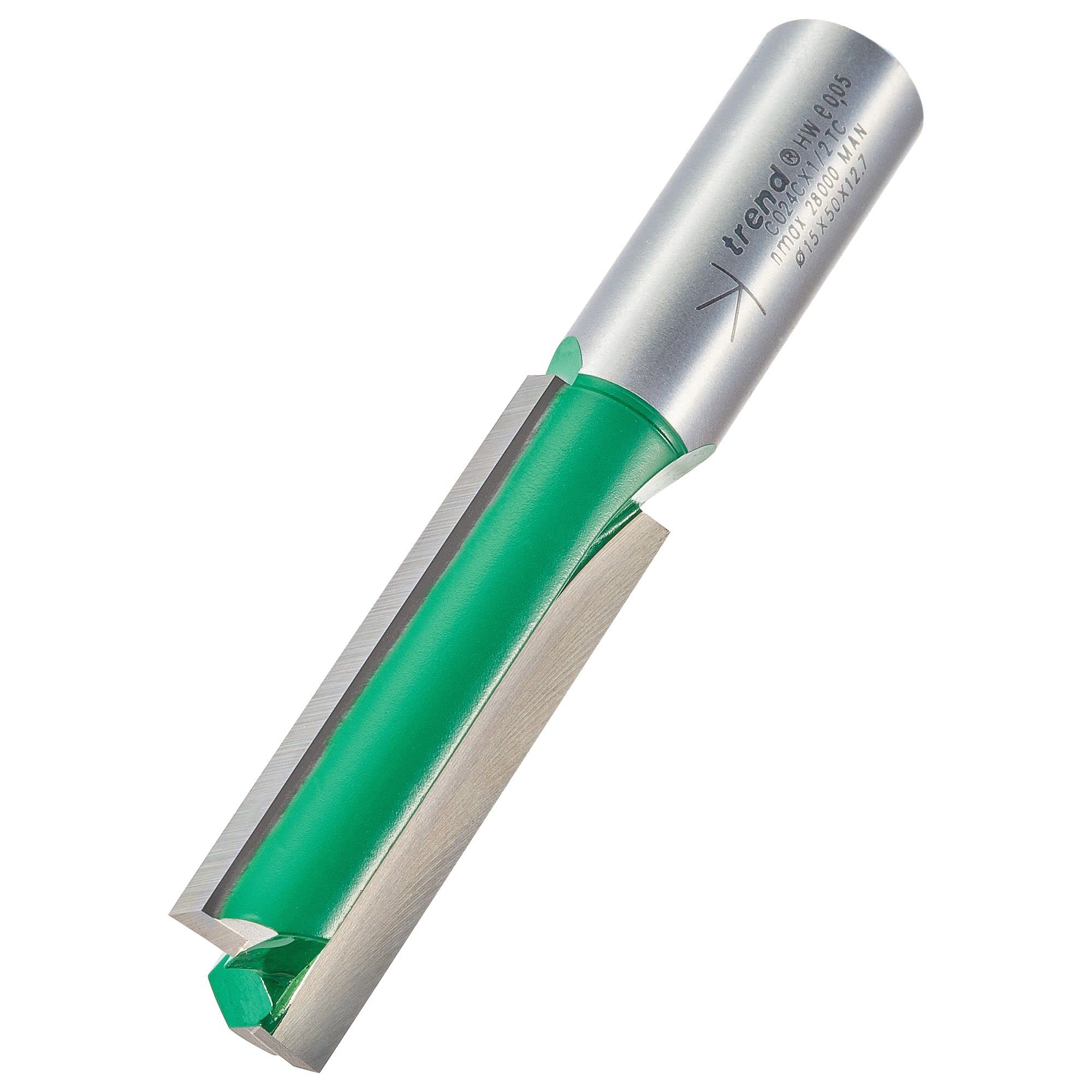 Trend CraftPro Straight Two Flute Router Cutter Bit, 1/2 Inch Shank, 15mm Cut Diameter & 50mm Cut Length, Tungsten Carbide Tipped, C024CX1/2TC