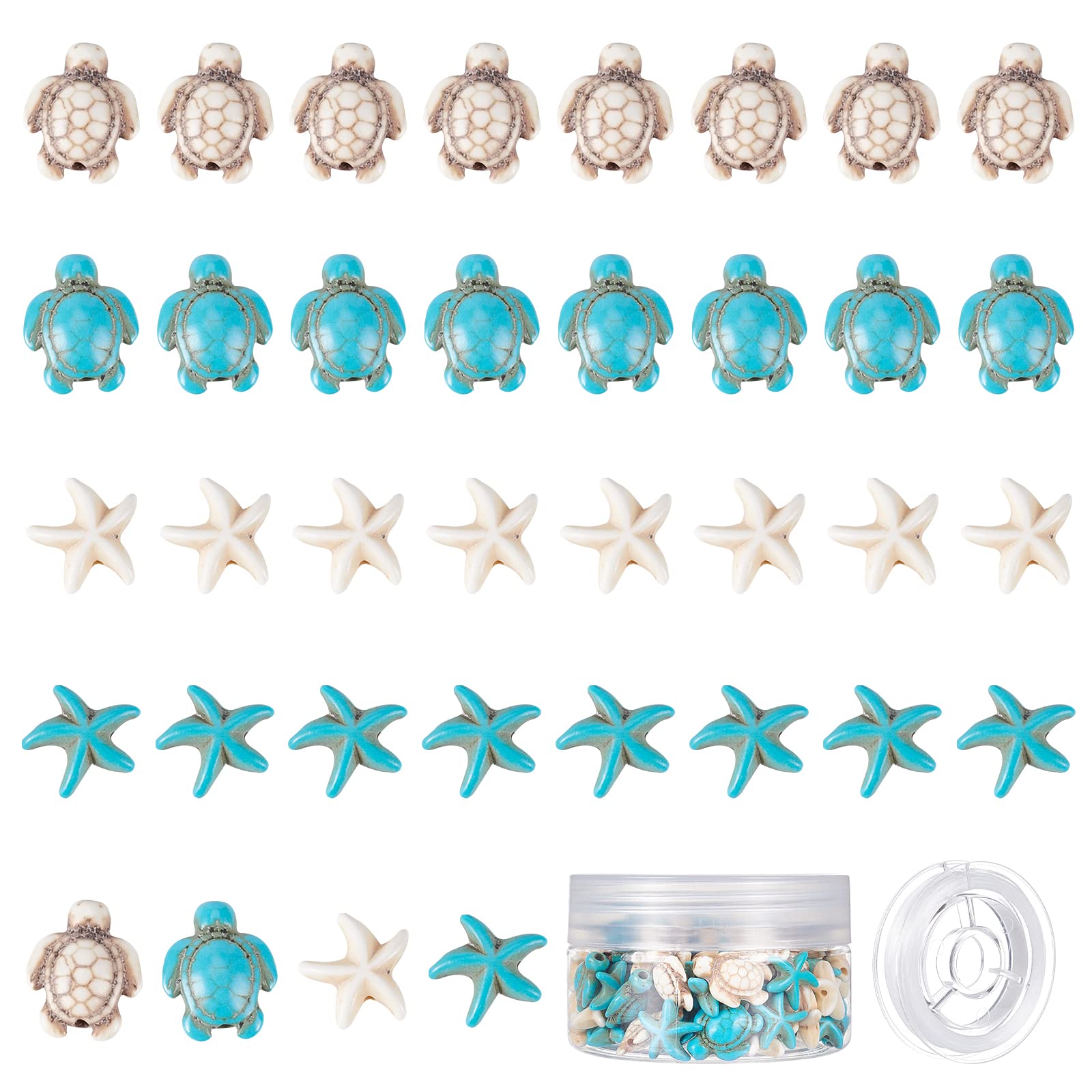 SUNNYCLUE 1 Box About 100Pcs 4 Styles Sea Turtle Beads Turquoise Starfish Bead Synthetic Sea Star Tortoise Charms Carved Ocean Animal Stone Spacer Beads for Bracelets Earrings DIY Jewellery Making