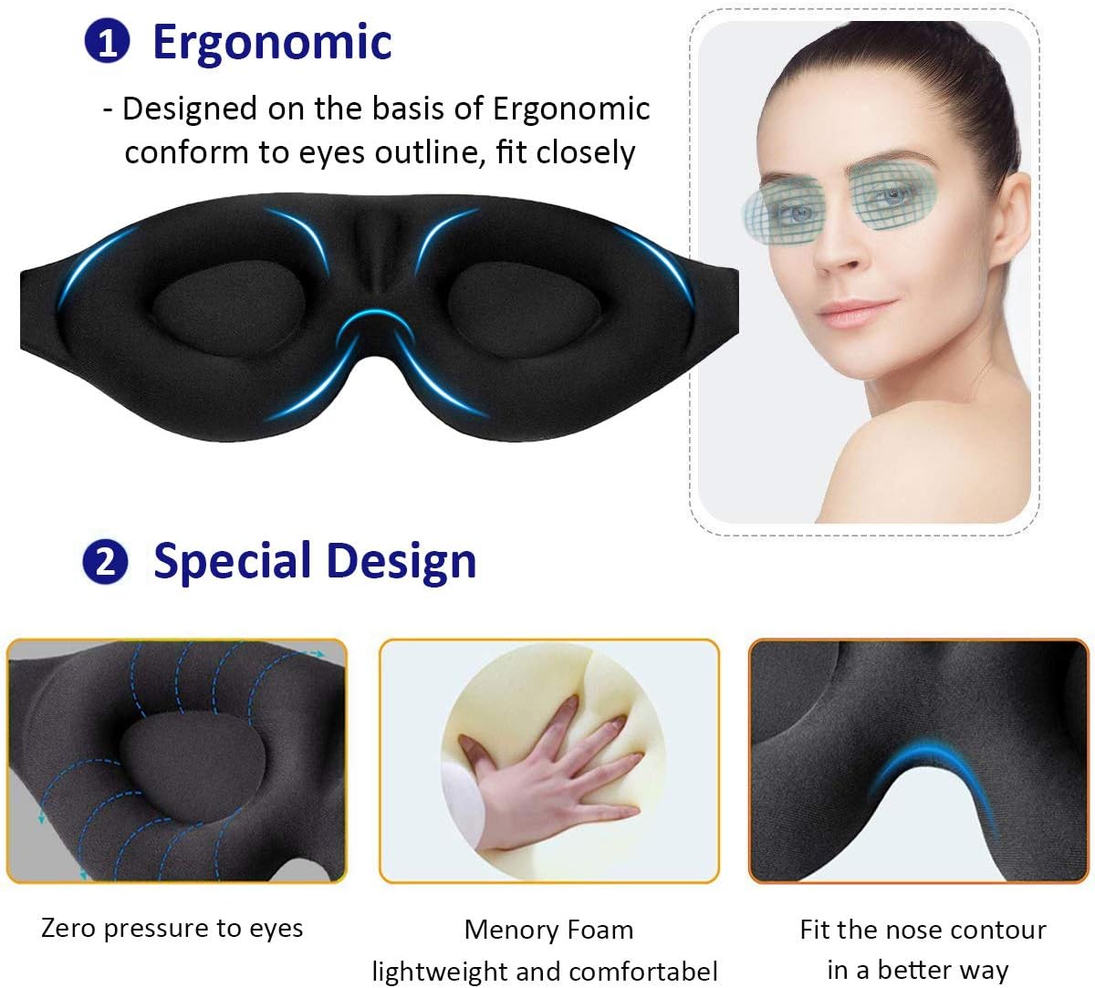 MZOO Sleep Eye Mask for Men Women, 3D Contoured Cup Sleeping Mask & Blindfold, Concave Molded Night Sleep Mask, Block Out Light, Soft Comfort Eye Shade Cover for Travel Yoga Nap, Black: Health & Personal Care