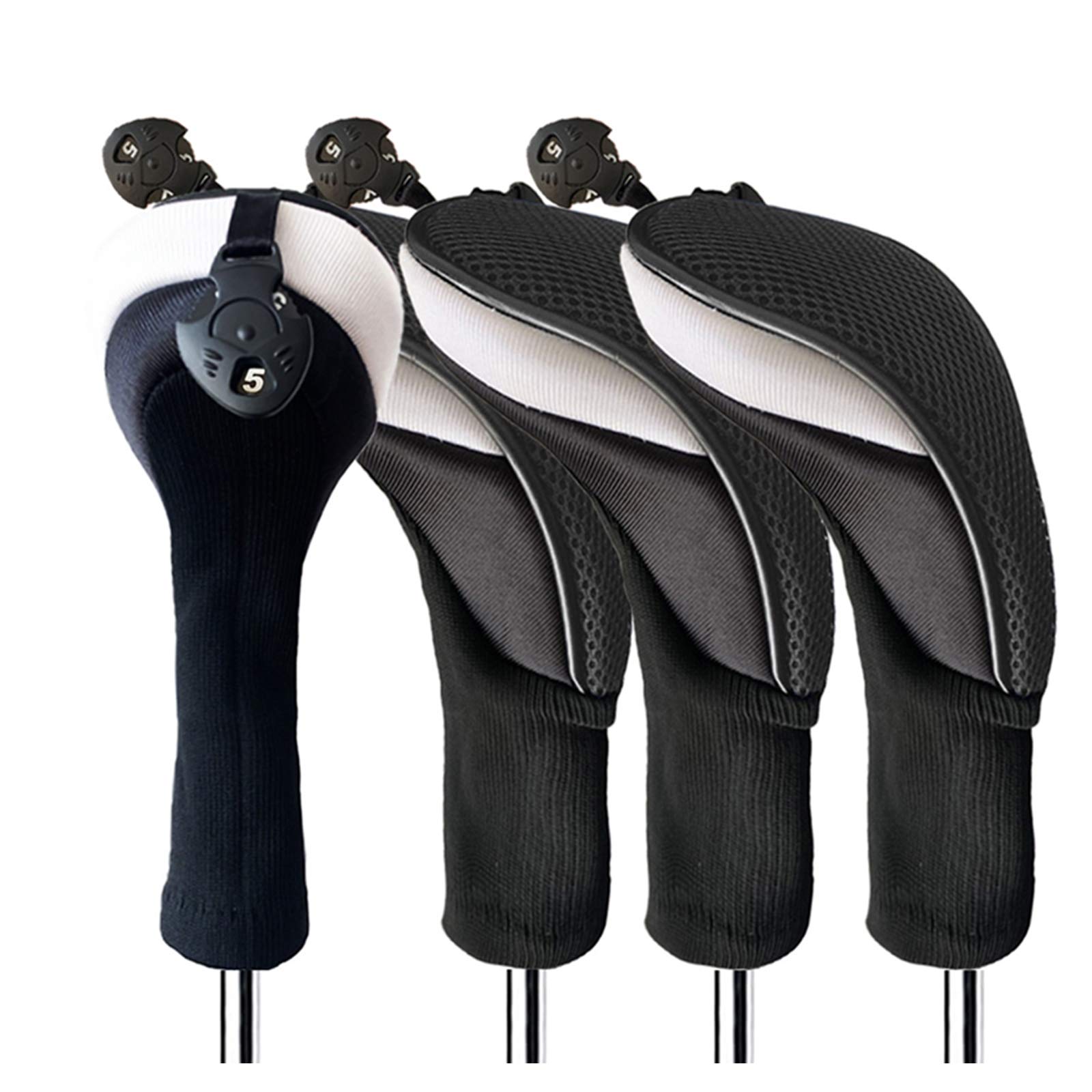 FINGER TEN Golf Club Head Covers Woods Hybrids Long Cover, Headcovers with Interchangeable No. Tags Fit All Hybrids Wood Clubs Light Durable (Black-4 Pack Hybrid Covers)