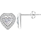 Genuine 925 Sterling Silver Dainty Halo Stud Earrings for Women Pave CZ Cubic Zirconia Simulated Diamond Heart Shape 9x8.5 mm
