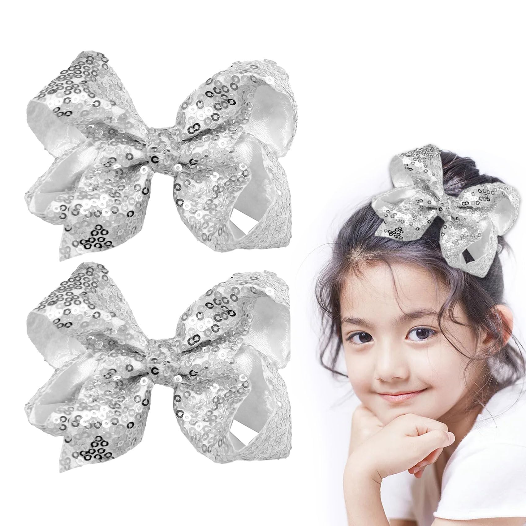 2 Pack 4 Inch Hair Bow Hair Barrettes Bow Hair Clips Hair Barrettes Alligator Hair Clip for Girls Women(Silver)