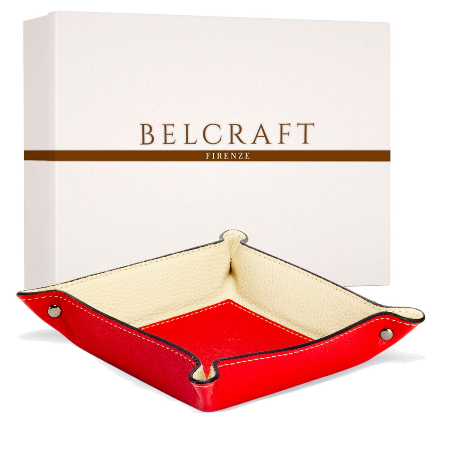 BELCRAFT Luni Medium Leather Tidy Tray, Handmade Classic Italian Style, Key Wallet, Coin Box, Red (19x19 cm)