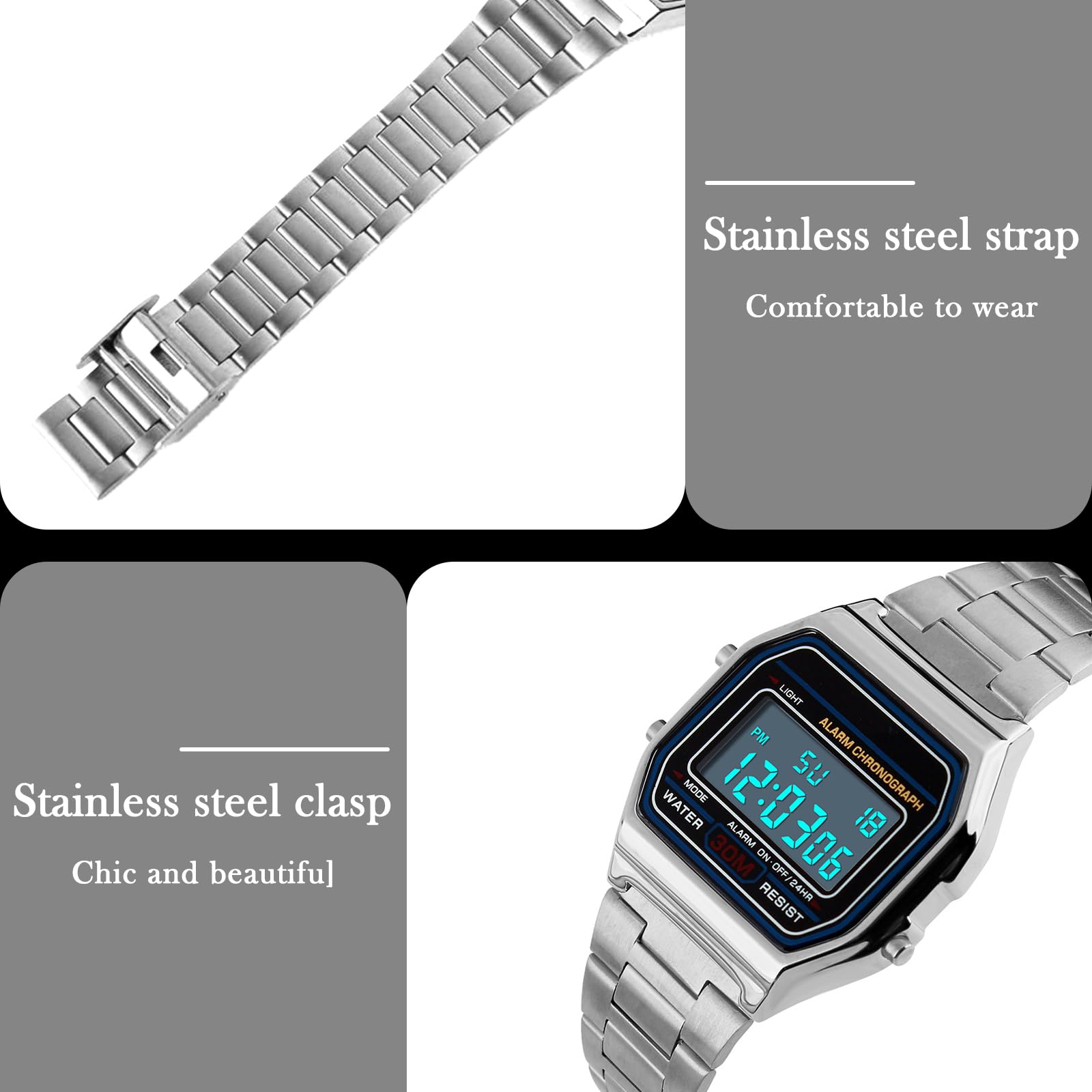 Yuehuamech Men's Digital Quartz Watch, Luxury Business Watch 30 m Electronic Chronograph Waterproof Digital Watch Sports Watch with Stainless Steel Strap LED Backlight