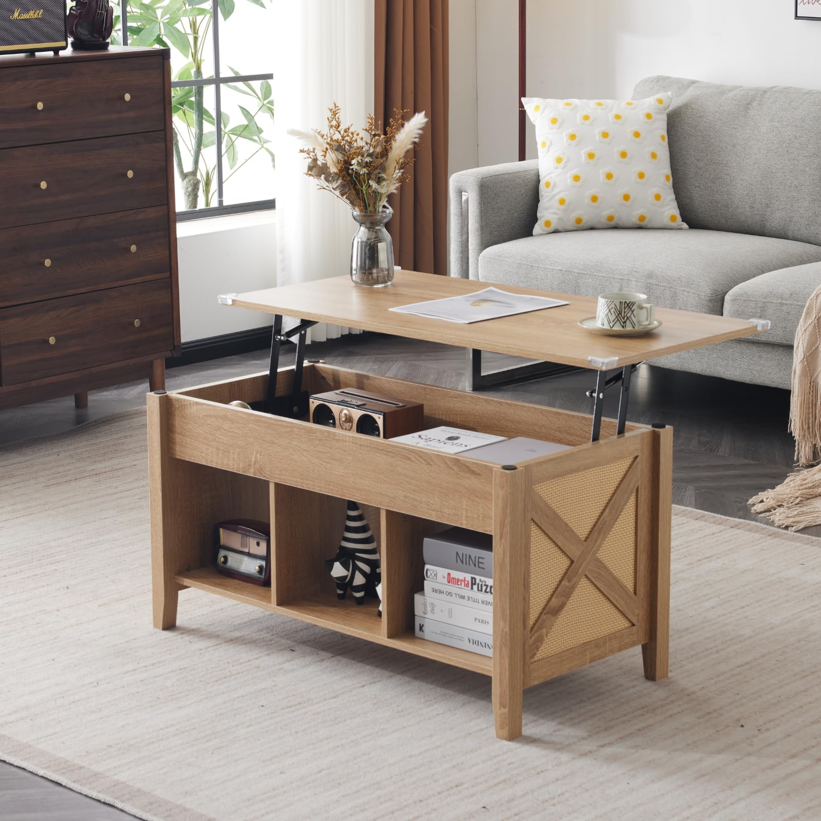 Photo 1 of VINGLI Lift Top Coffee Table, Oak Top with Rattan Frame, Farmhouse Cross-Sided Design, with Storage Shelf/Hidden Compartment, Gas Lift Mesa De Centro para Sala Pop Up Coffee Table