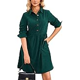 YEXPINE Women's Corduroy Shirt Dress Casual Long Sleeve V Neck Button Down Tunic Mini Dress with Pockets