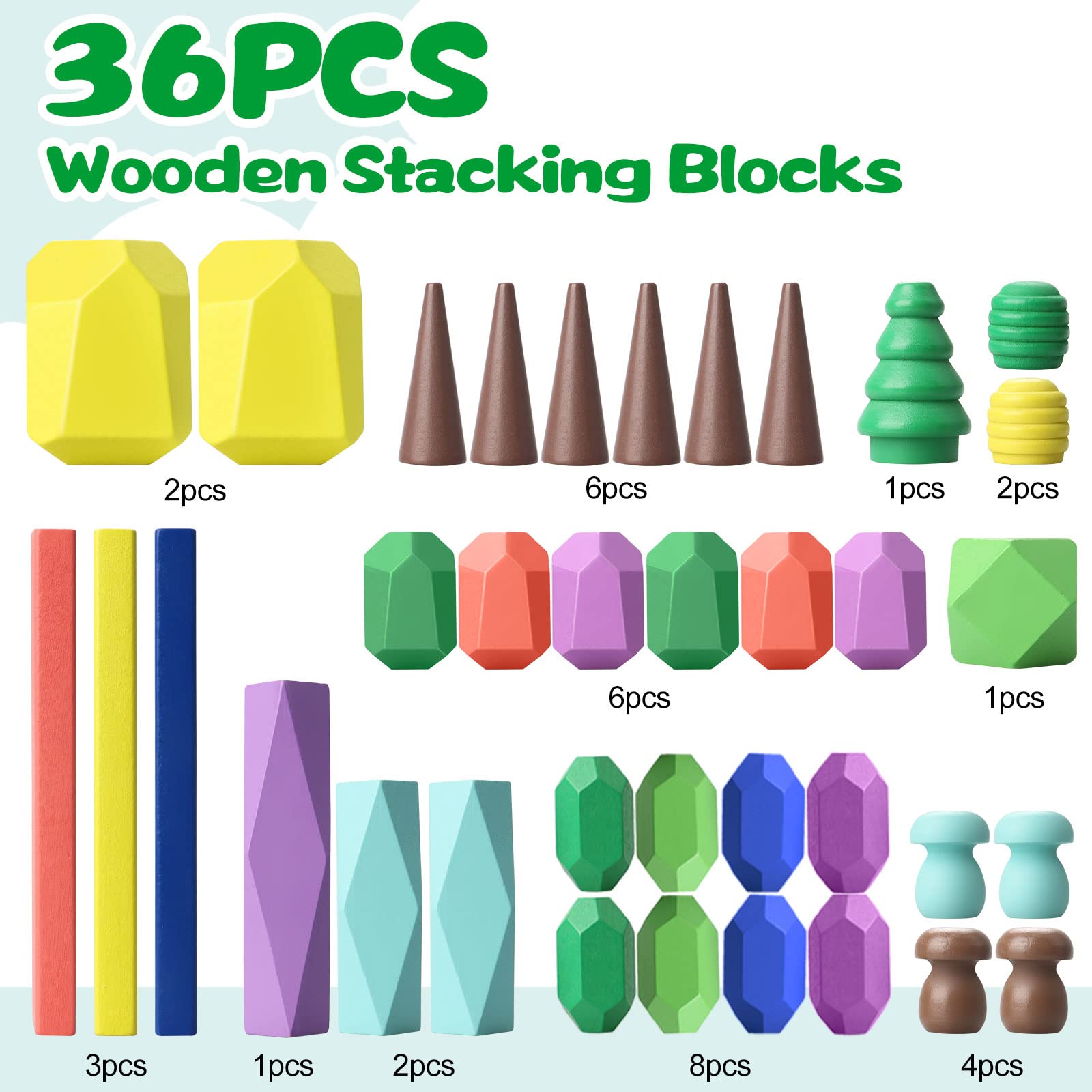 Toys for 3 Year Old Boys Girls, 36 PCS Colorful Wooden Sorting Stacking Rocks for Toddlers 3-4 Montessori Sensory Building Blocks for Kids Ages 4-8, Preschool Learning Activities for Home School