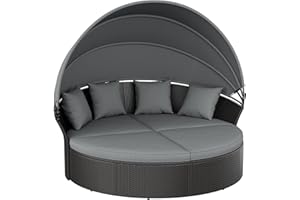 Crownland Round Outdoor Daybed with Retractable Canopy,Patio Daybed with Washable Cushions, Clamshell Sectional Seating, Wicker Furniture for Patio, Garden, Pool (Black & Grey)