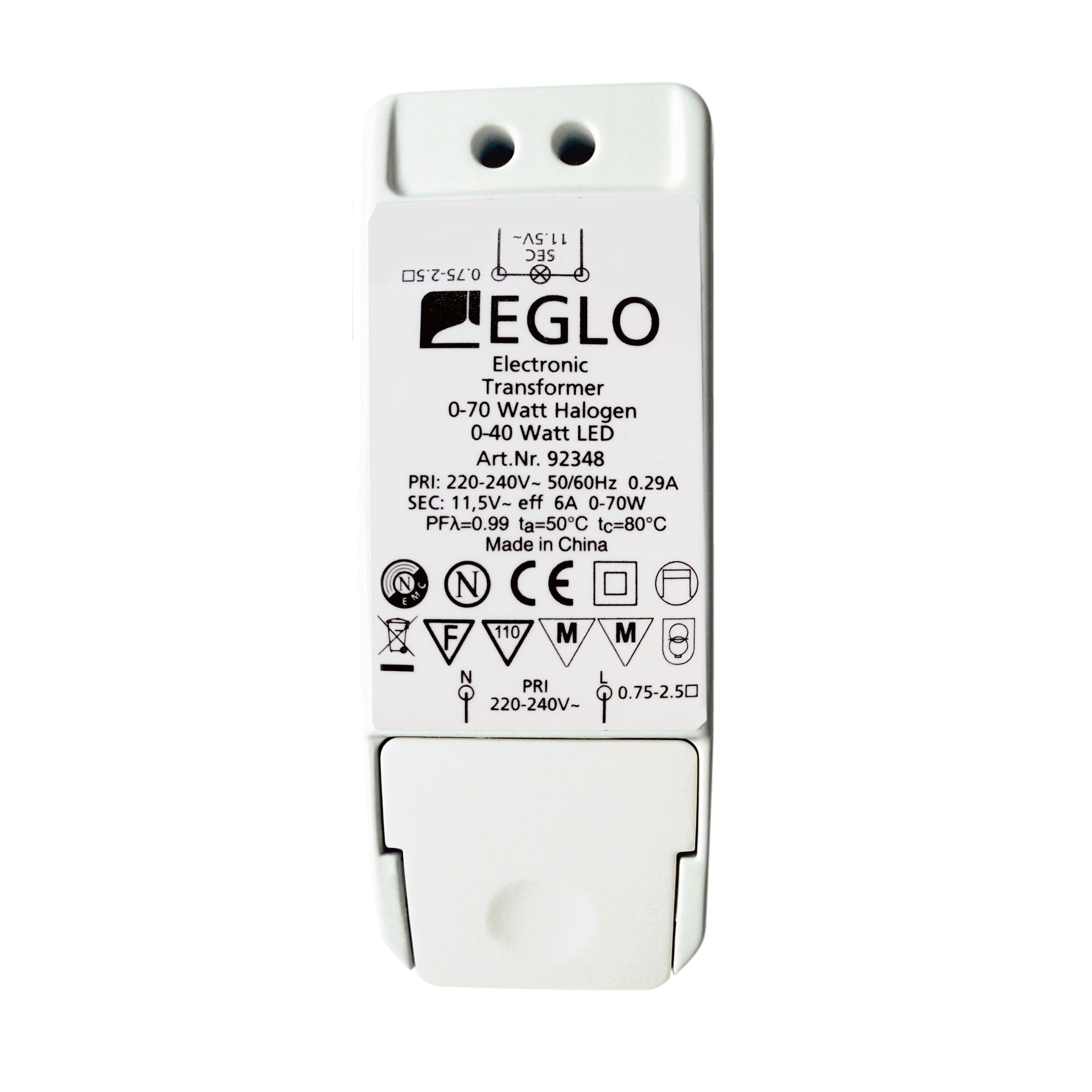 Eglo 0 W White Transformer, Dimmable, Overload Protection, Surge Protection, Short Circuit Protection, Indoor Use, 92348, CE Met, Corded Electric