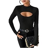 Floerns Women's Cut Out Long Sleeve T Shirts Slim Fit Ribbed Mock Neck Tees Fall Tops
