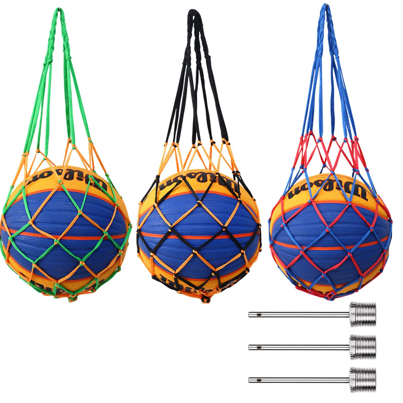 AYNKH Football Bag Ball Net Bag, 3PCS Portable Net Bags with Ball Pump Needle, Braided Rope Bag for Basketball Volleyball Handball Football Outdoor Riding, Thick Comfortable Handle
