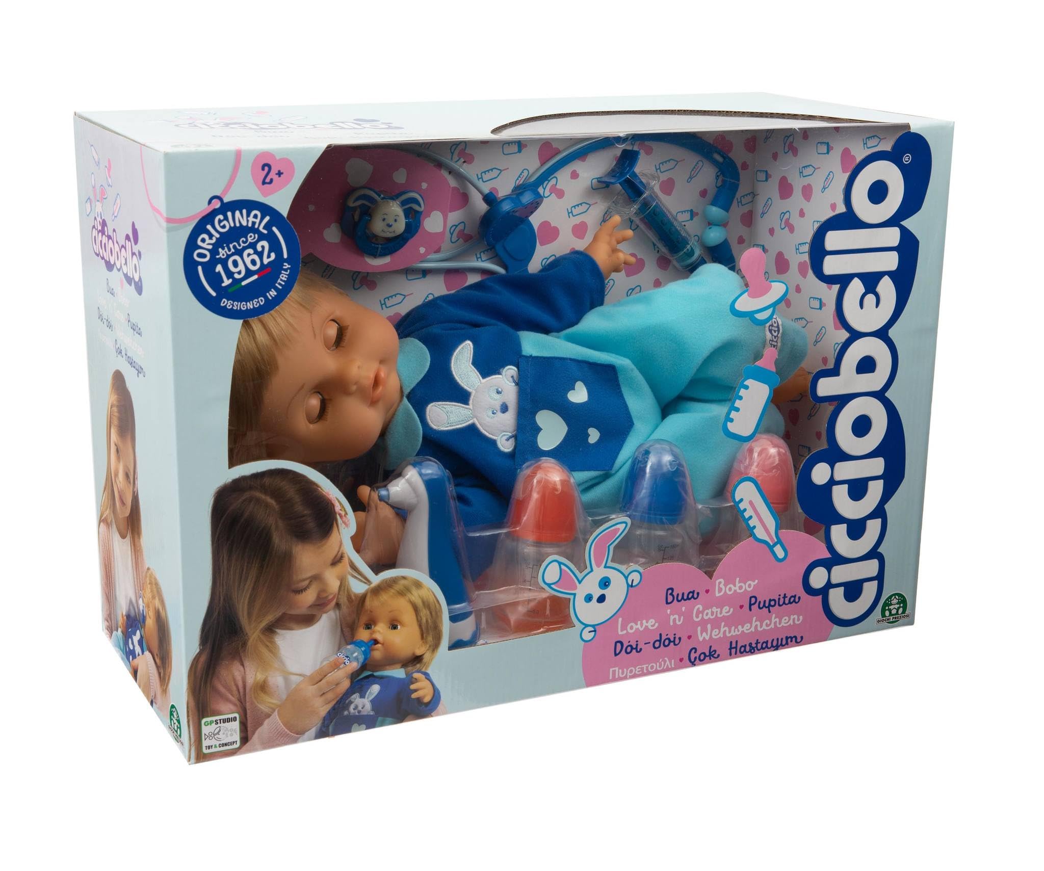 Cicciobello Bua Interactive Doll with Accessories, Toys for Children 2 Years, with Care Accessories such as Thermometer and Stethoscope, Use the Pacifier to Make It Stop Crying!