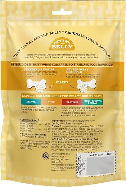 BETTER BELLY HIGHLY DIGESTIBLE RAWHIDE SMALL ROLL CHEWS, TREAT YOUR DOG TO A CHEW WITH NO ARTIFICIAL COLORS OR FLAVORS