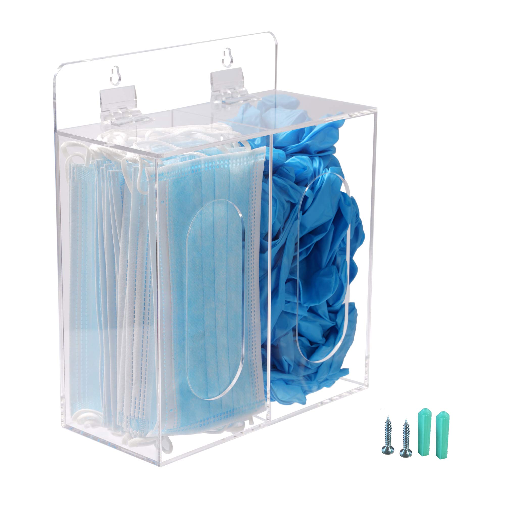 Koemehr Acrylic Disposable Face Mask and Glove Dispenser Box Holder with Lid, Hairnet & Shoe Cover Dispenser, Bouffant Cap Dispenser, Can Hang on The Wall and Stand on The Table, Clear