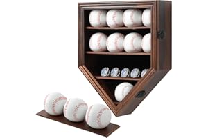 Grintus Baseball Display Case Real Glass-Solid Wood Baseball Holders for Balls and Championship Ring Display Wall Mount with Lockable Door for Autograph Balls Collection (Walnut)