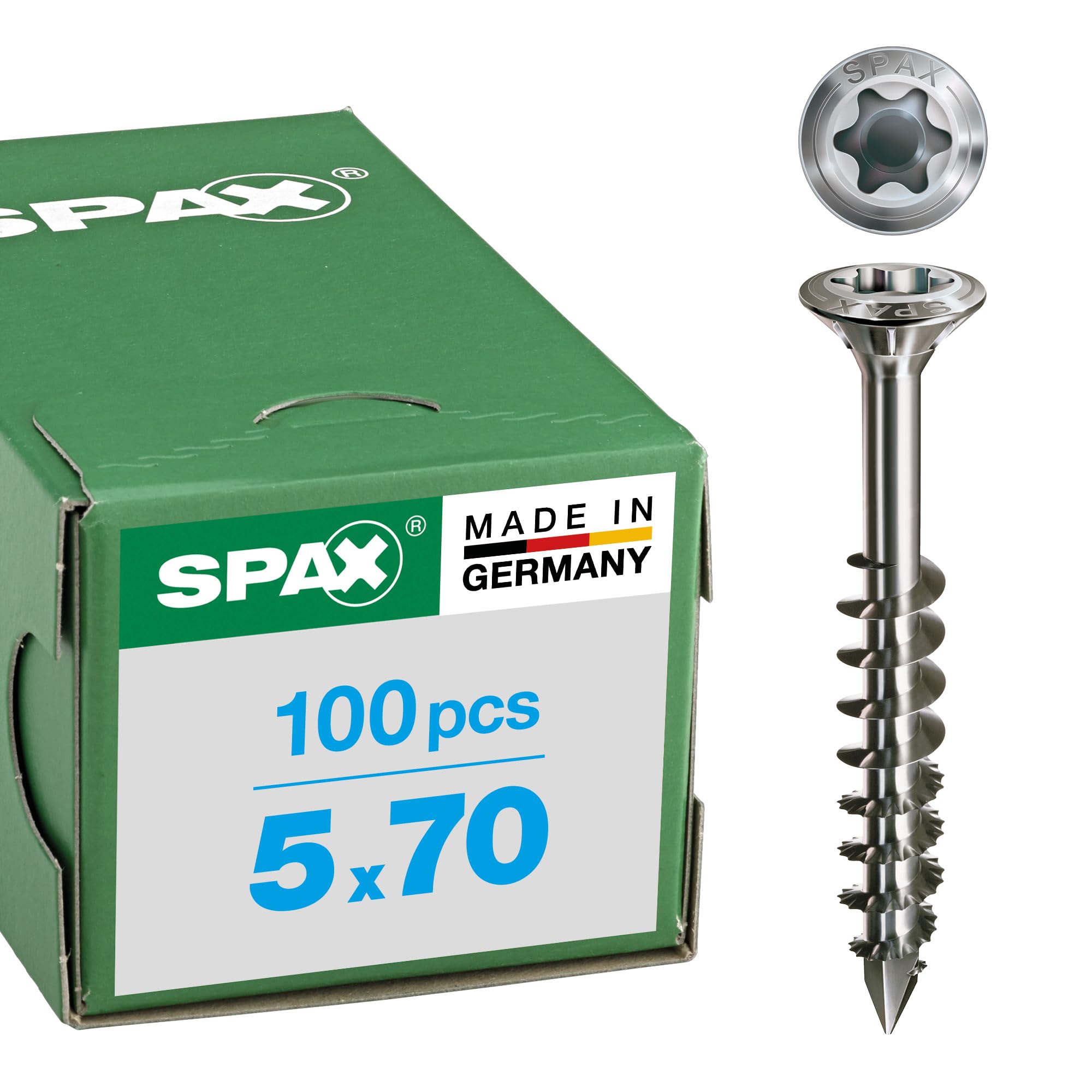 SPAX Facade Screws Made of Stainless Steel A2, 5.0 x 70 mm, Pack of 100, T-Star Plus, Raised Countersunk Head, Partial Thread, CUT Tip, 25170005007021 — image 1