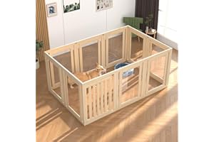 10 Panels Dog Playpen with Door, 23.6" H Pet Playpen Indoor, Clear Acrylic Puppy Playpens, Wooden Puppy Fence with Gate, Tran
