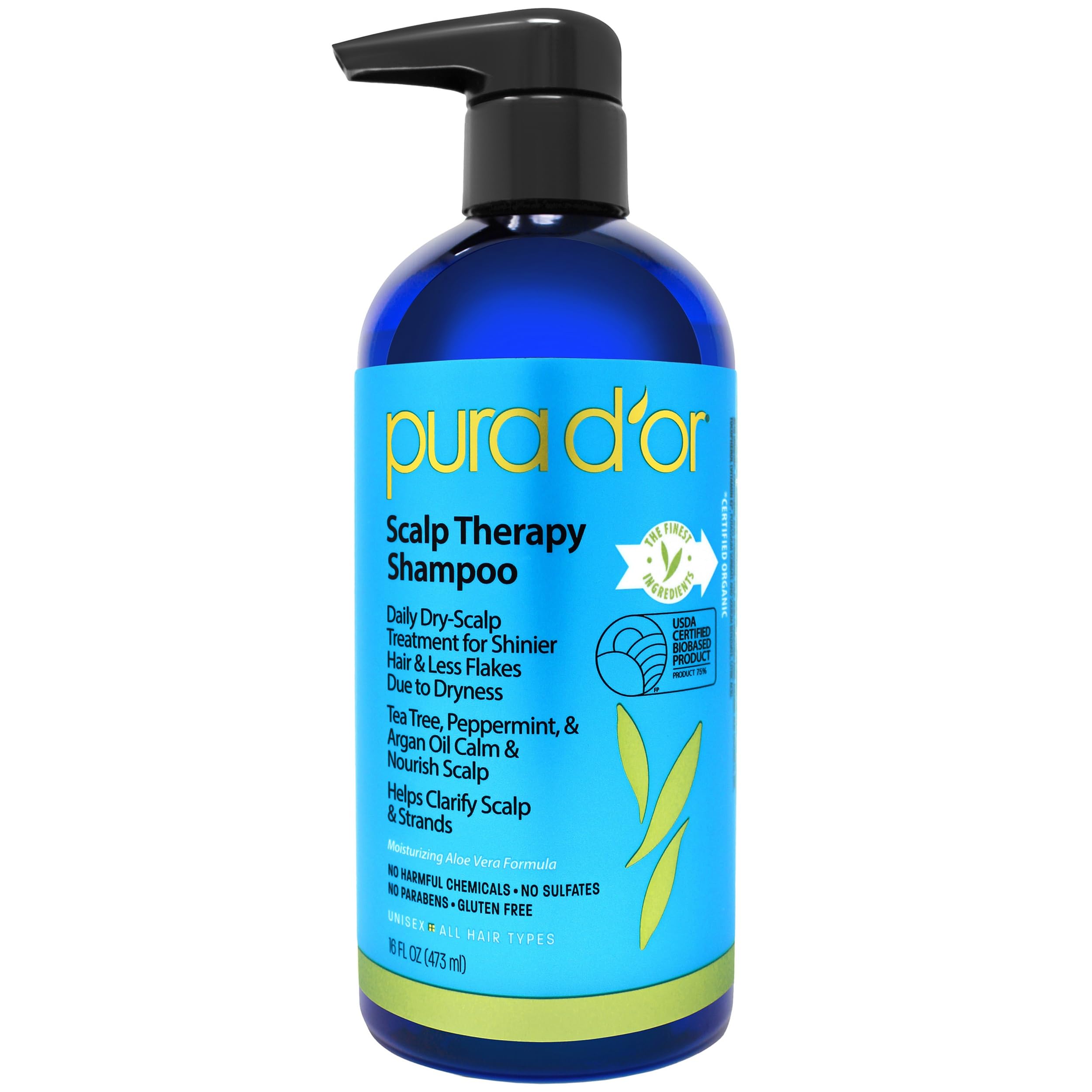 PURA D'OR Scalp Therapy Shampoo - Hydrates Dry, Itchy Scalp - Made with Argan Oil, Tea Tree and Natural Ingredients, Sulfate Free, All Hair Types, Men & Women, 473 ml (Packaging may vary)