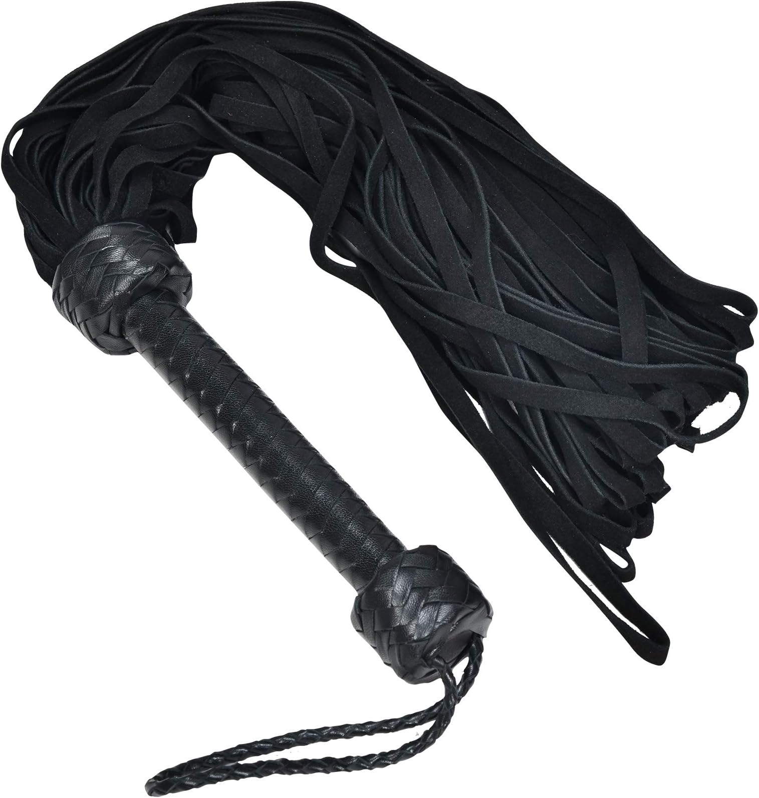 IMLI Soft Suede Real Leather 27” Flogger Horse Whip with Kid Grain Leather Braided Handle, Braided Wrist Strap and 36 Tails (Black)