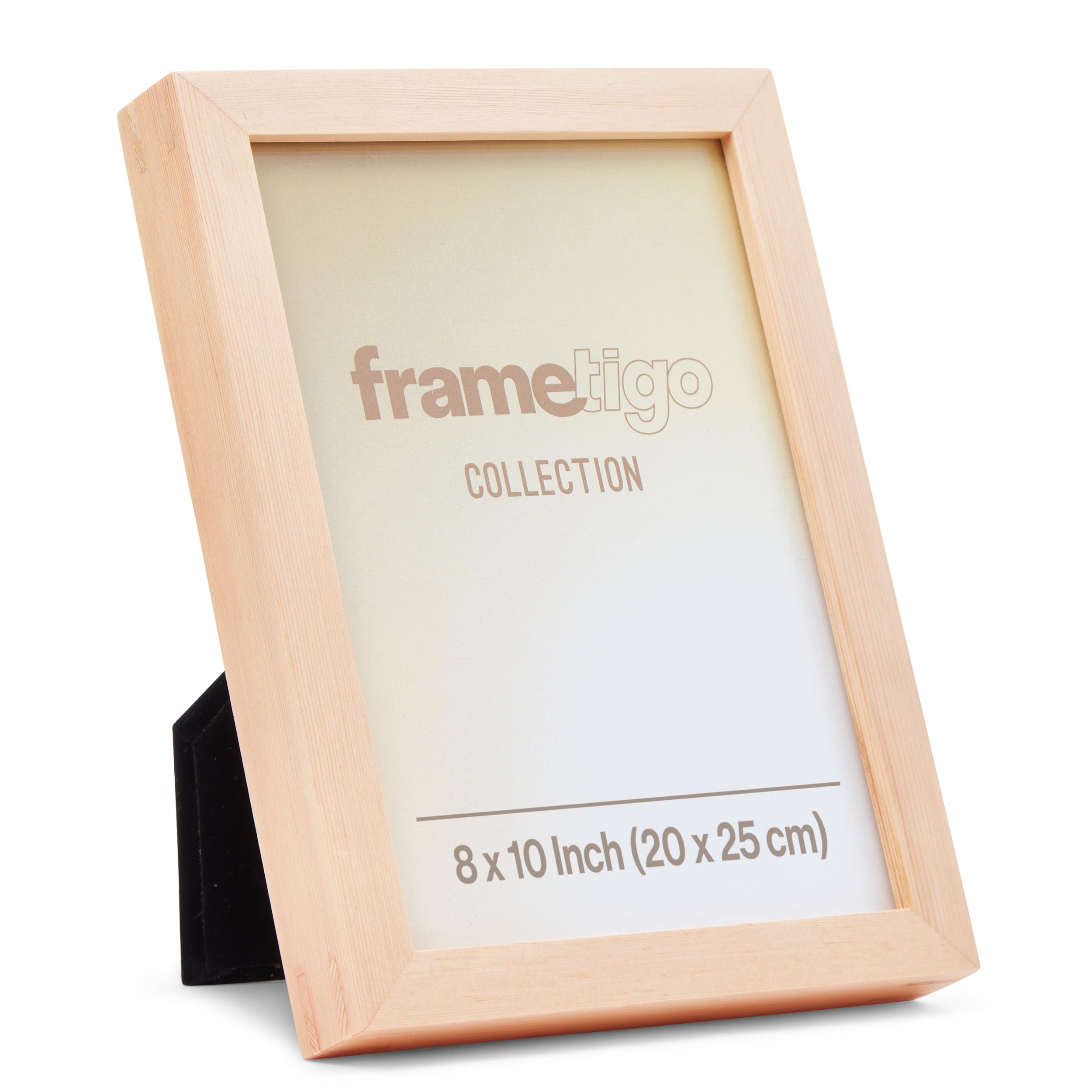 Frametigo - Solid Pine Natural Wood Photo Frame, 8”x10” (20x25cm) Photo Size - Velvet Frame Backing & Stand - Double Spline Joint - Polished Edge Real Glass - Landscape or Portrait Orientation