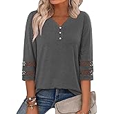 CRAZY GRID 3/4 Length Sleeve Womens Tops V-Neck Lace Tunic Button Down Business Casual Blouses Fall Trendy Outfits 2026 S-XXL