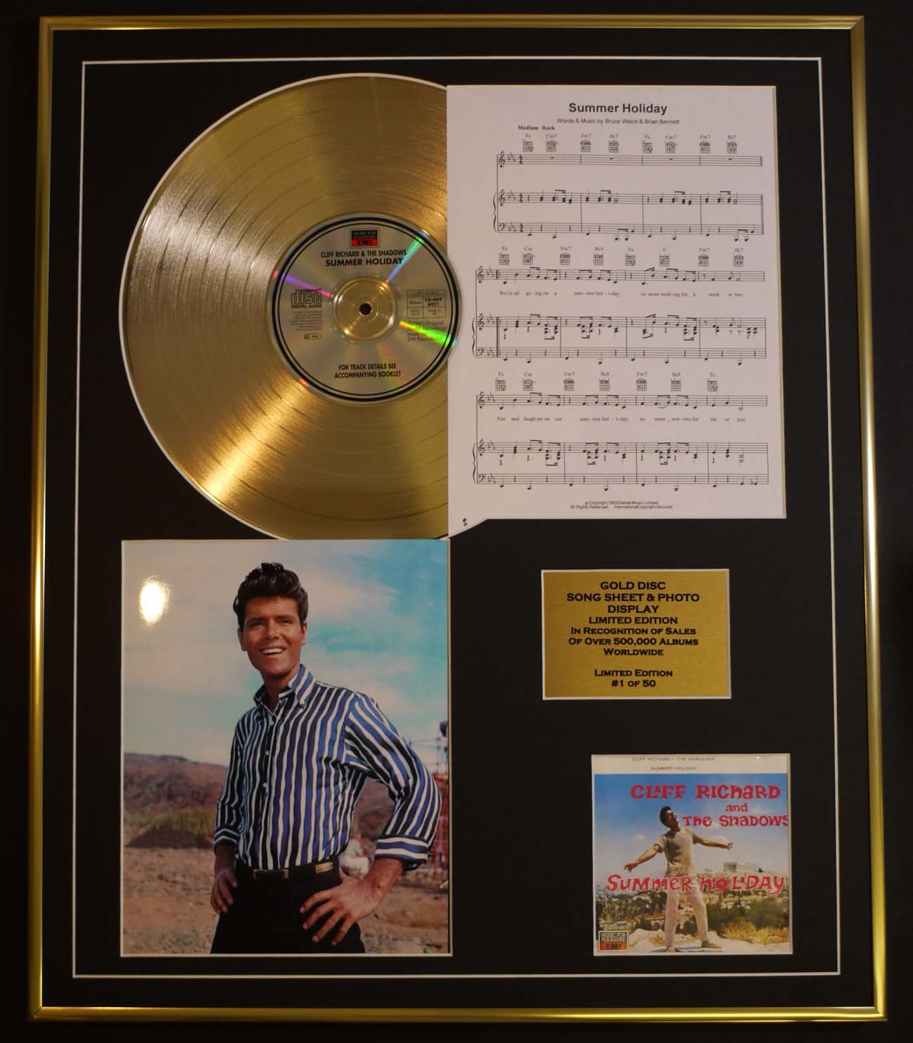 CLIFF RICHARD/CD GOLD DISC, SONG SHEET & PHOTO DISPLAY/LTD. EDITION/COA/ALBUM, SUMMER HOLIDAYS /SONG SHEET, SUMMER HOLIDAYS