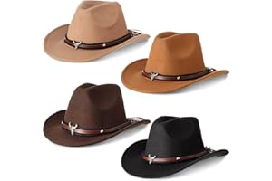 Foaincore 4 Pcs Cowboy Unisex Western Hat American Faux Fur Felt Hats Outback Wide Brim Travel Cap for Men Women Halloween