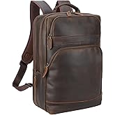 Masa Kawa Brown Leather Laptop Backpack for Men Fits 16” 15.6” Computer, Vintage Business Travel Work Large Daypack Weekender Bag Camping Rucksack