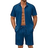 COOFANDY Mens Beach Outfits 2 Piece Sets Casual Short Sleeve Button Down Summer Textured Shirt