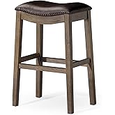 Maven Lane Adrien Backless Bar Stool – 31 Inch Saddle Seat with Footrest – Brown Solid Wood Frame & Dark Brown Faux Leather U