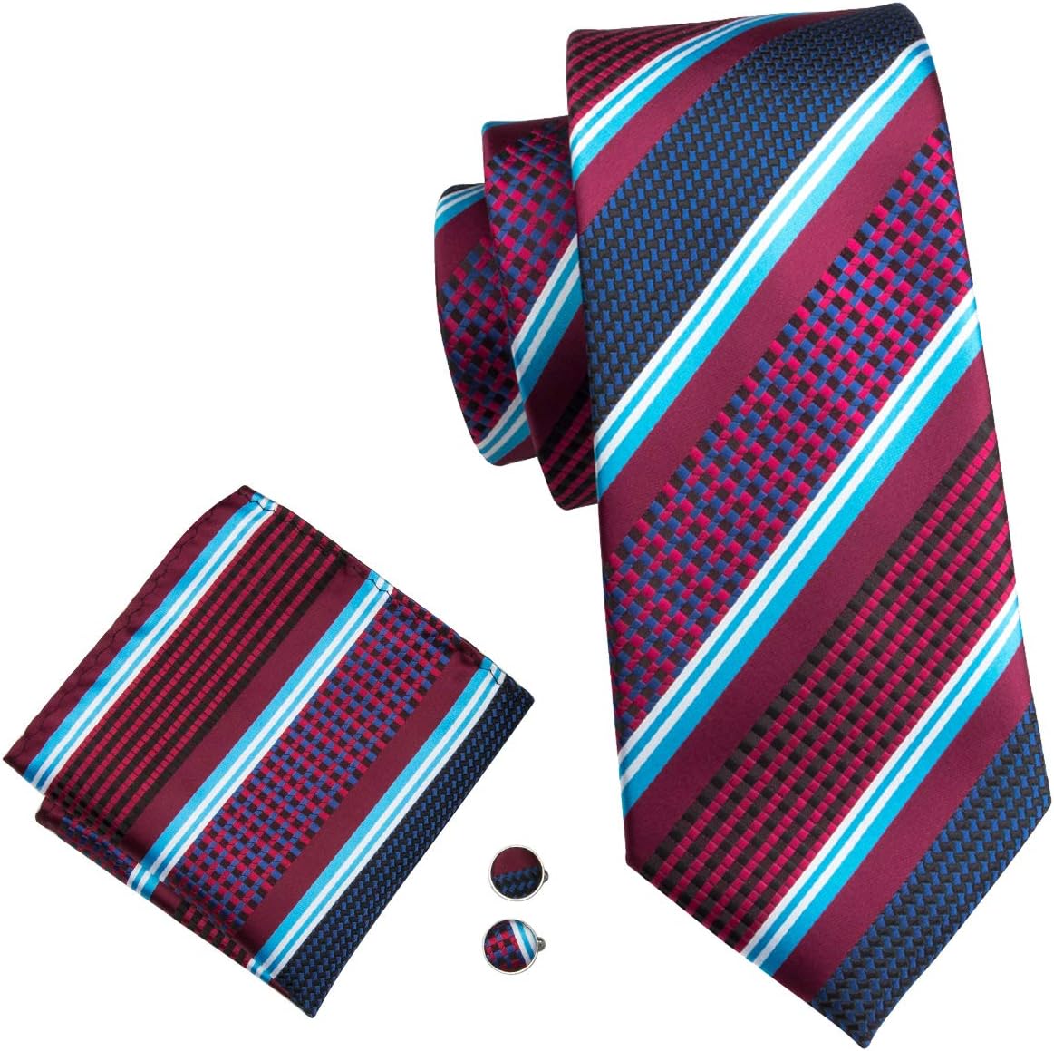 Men Stripe Tie Business Silk Necktie Pocket Square Cufflink Set Fashion Formal