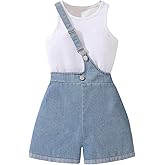 Milumia Girl's 2 Piece Outfit Crewneck Sleeveless Top and Denim Overall Shorts Set
