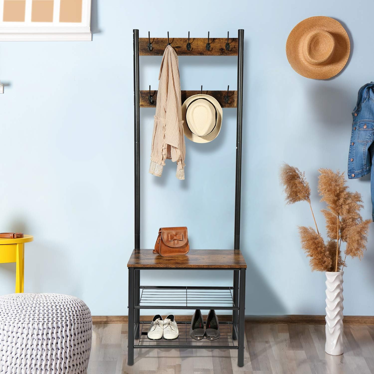 CHADIOR, Shoe Bench, Industrial Hall Tree, Entryway Storage Shelf Stand with Hooks, Wood Look Accent Furniture, 3-in-1 Design Easy Assembly Coat Racks, Neutral: Furniture & Decor