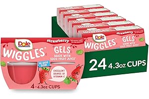Dole Wiggles No Sugar Added Strawberry Fruit Juice Gels Snacks, 4.3oz 24 Total Cups, Gluten & Dairy Free, Bulk Lunch Snacks for Kids & Adults