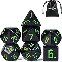 Dés Polyédriques Lumineux Bescon – Set RPG DND – Noir Perle Et Vert – Glow In The Dark – Coffret Brique – D4 à D20