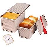 CFGUK 2 Pack Pullman Loaf Pan with Lid, 1 lb/0.5 lb Dough Capacity for Homemade Bread, Non-stick Corrugated Carbon Steel Bread Toast Box with Cover for Bakeware, Sandwich & Toast Oven Baking, Gold