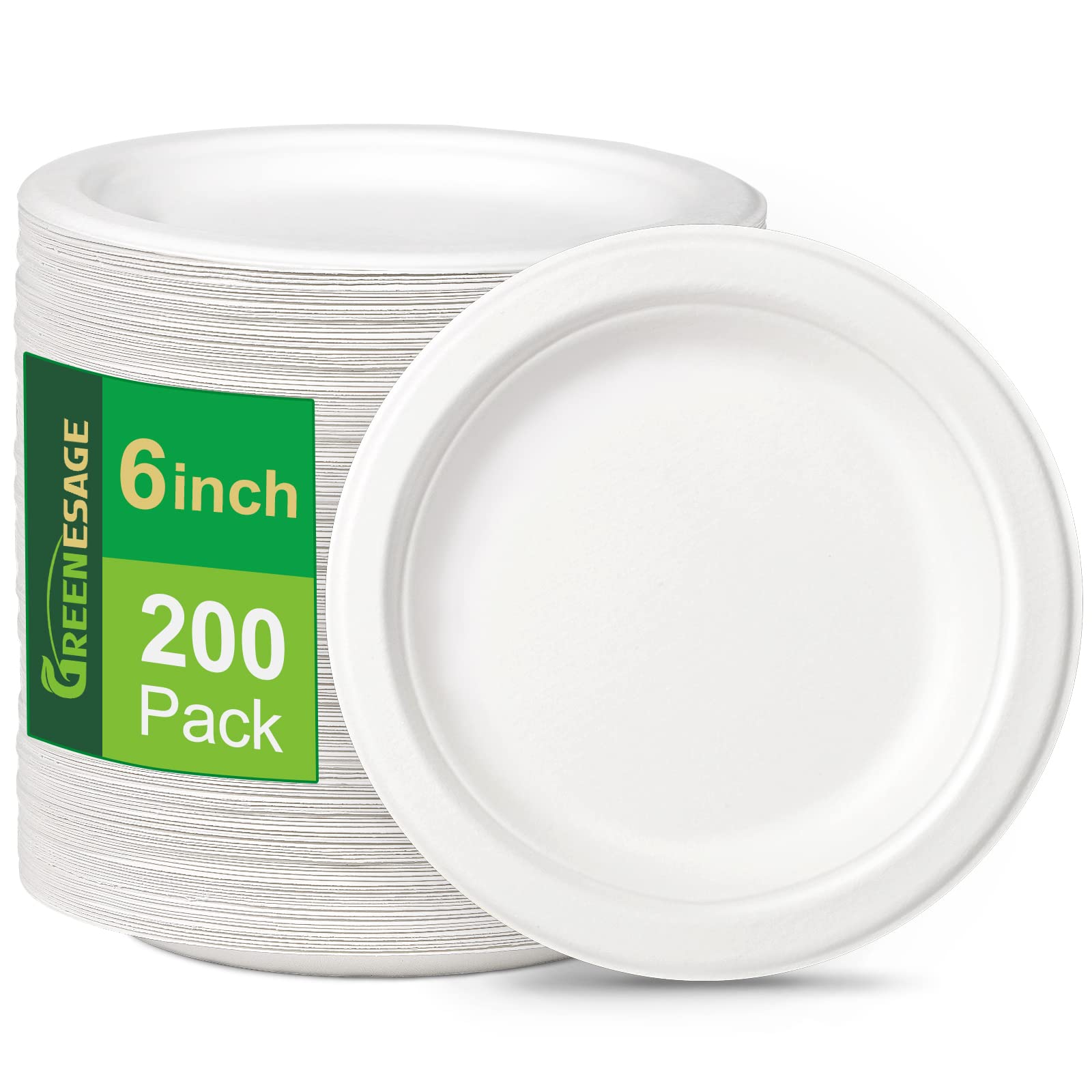 GREENESAGE Rigid 6 inch 200 Pack Disposable Paper White Plates Sugarcane Small Strong Dishes for Picnic Wedding Party BBQ